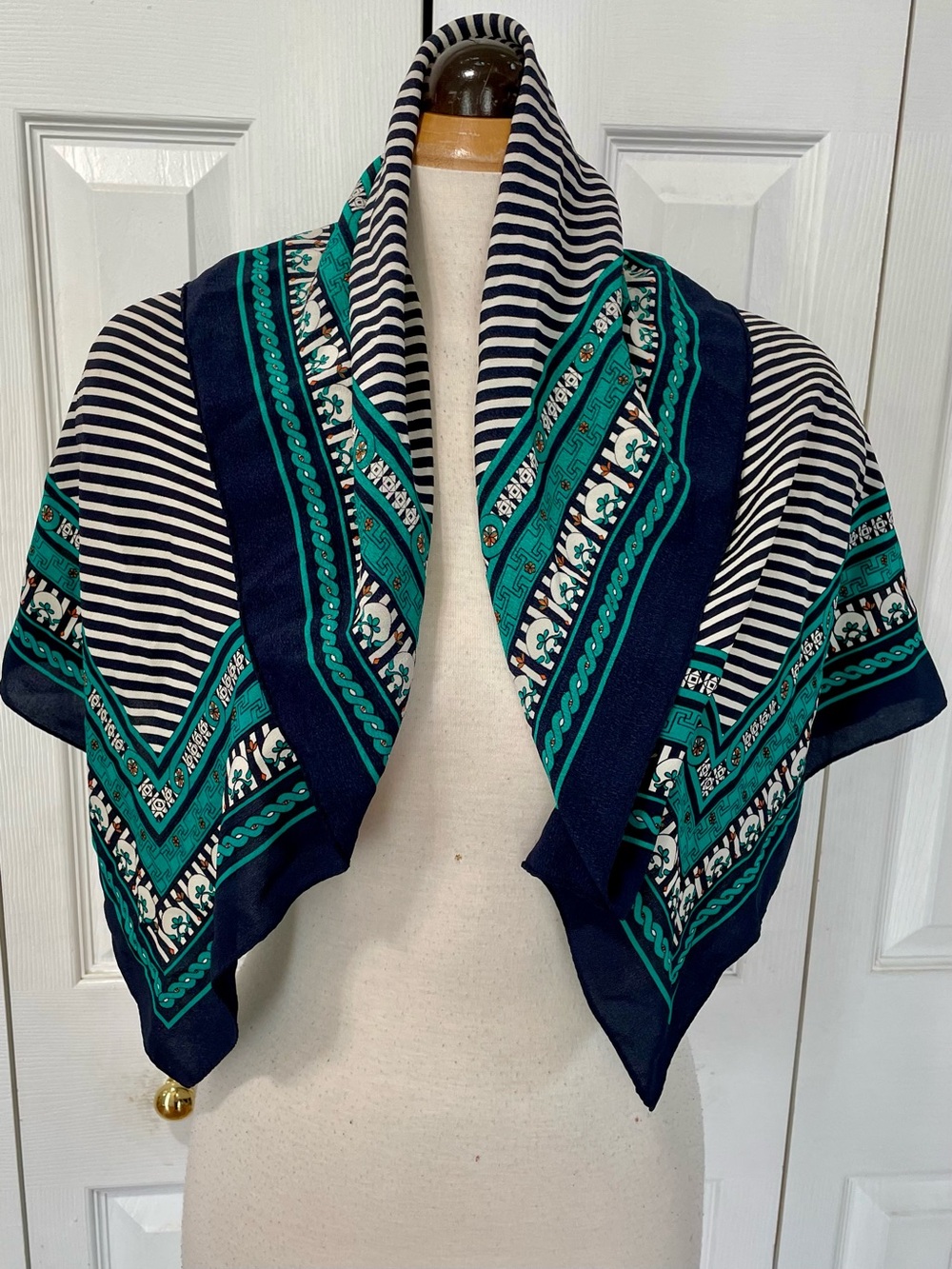 Vintage Jaeger 100% Silk Striped Navy & Teal Patterned Scarf